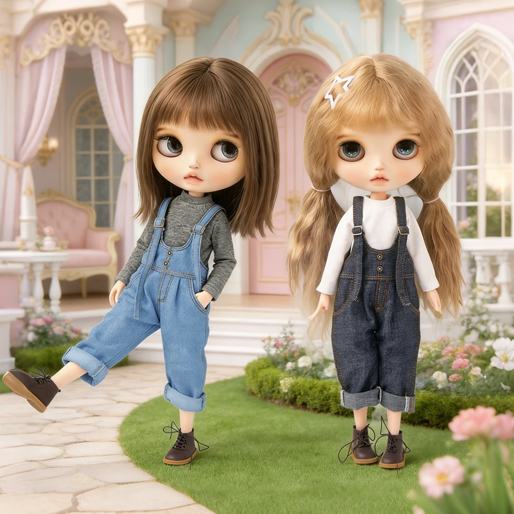 Blyth Doll Clothes Vintage Denim Overalls Long Sleeve Base Layer Top Jeans Pants Set for Ob22 YMY Licca Azone Doll Accessories
