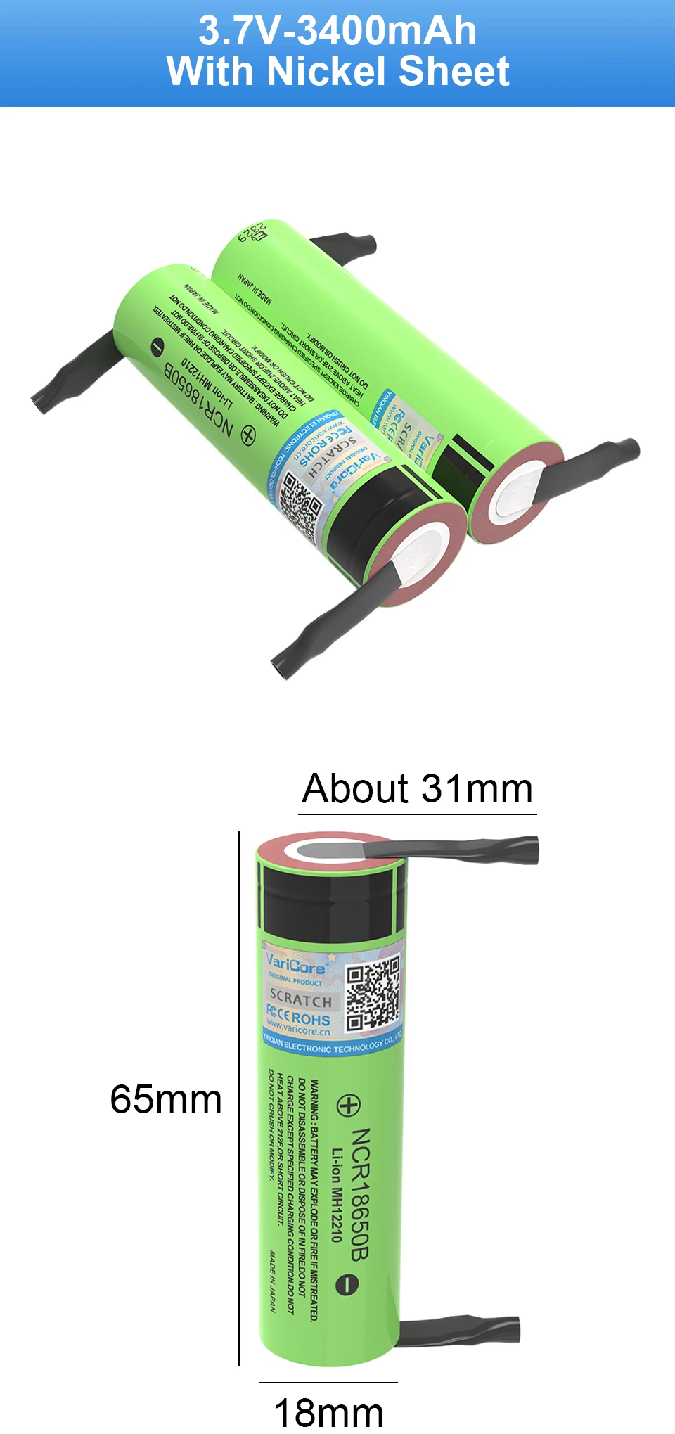 VariCore New Original 18650 NCR18650B Rechargeable Li-ion Battery 3.7V 3400mAh Batteries DIY Nickel Sheet
