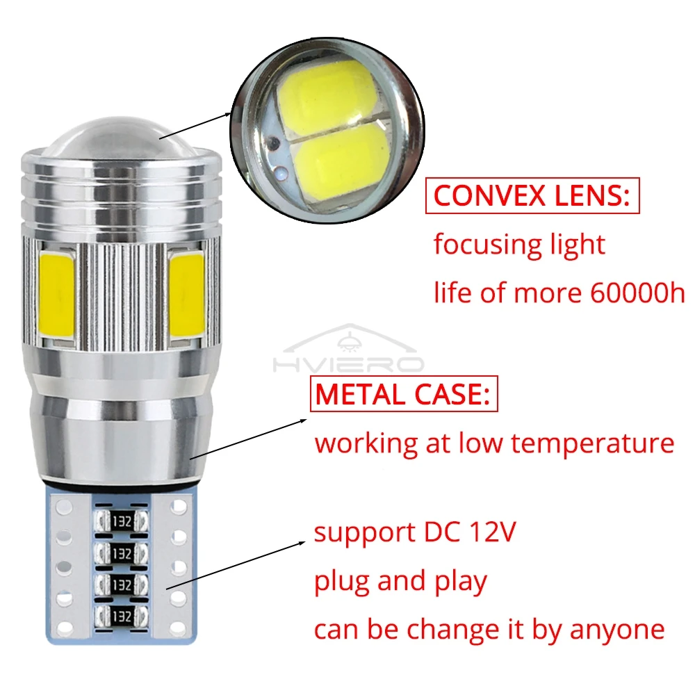 2Pcs T10 LED Auto Interior Xenon White Blue Pink CANBUS 5630 6SMD 12V Aluminum Side Marker Parking Lighting Cob Turn Signal Bulb