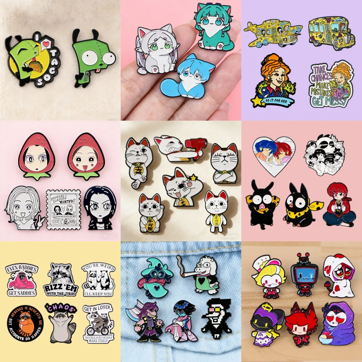 2-6pcs/Set Cartoon Anime Characters Enamel Pin Funny Alien Cute Raccoon Woman Brooches Badges Metal Collar Pins Jewelry Fan Gift