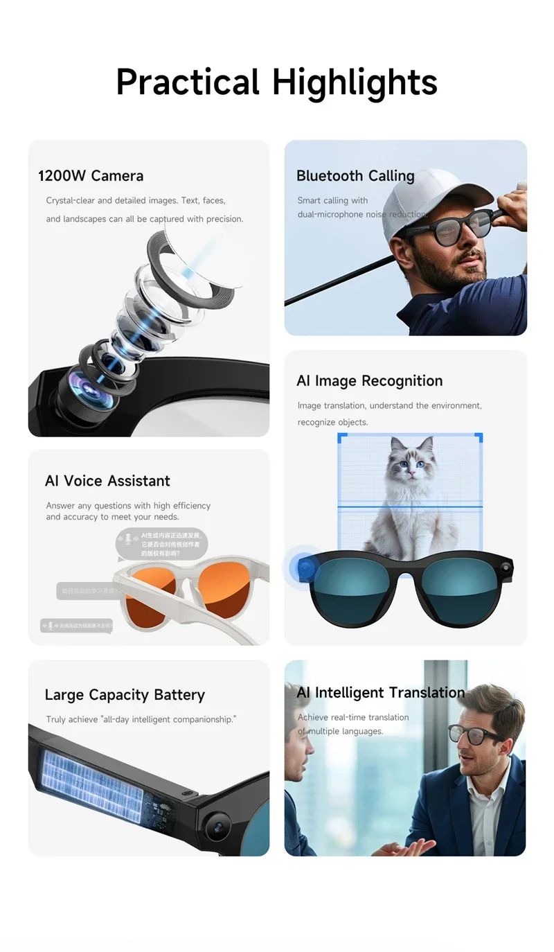 Lenovo New 8K 1200MP AI Smart Glasses HD Color Changing Chat GPT Translate Camera Bluetooth Call Voice Assistant Music Control