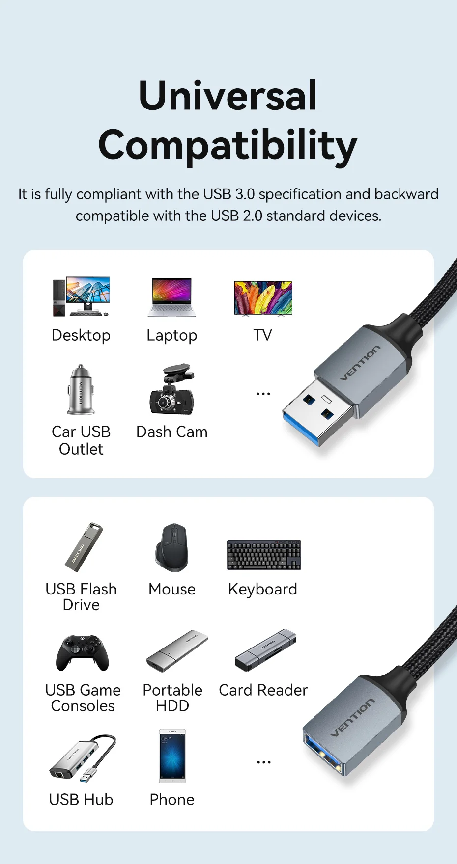 Vention USB Cable USB 3.0 Extension Cable Male to Female 3.0 2.0 USB Extender Cable for PS4 Xbox Smart TV PC USB Extension Cable