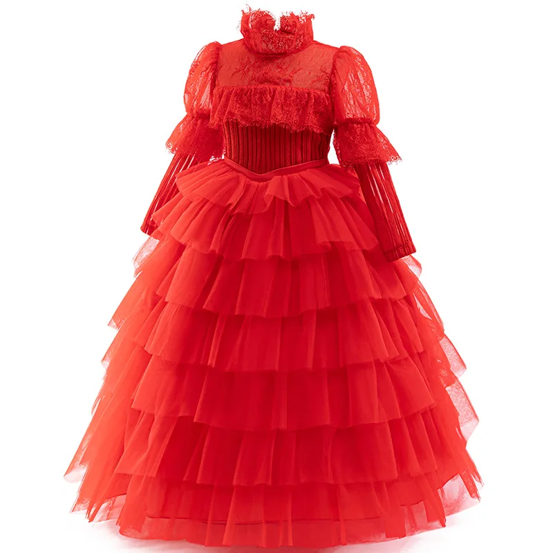 2026 Halloween Girl Dress Up Elegant Special Ball Evening Dress Long Sleeve Red Horror Girl Dress