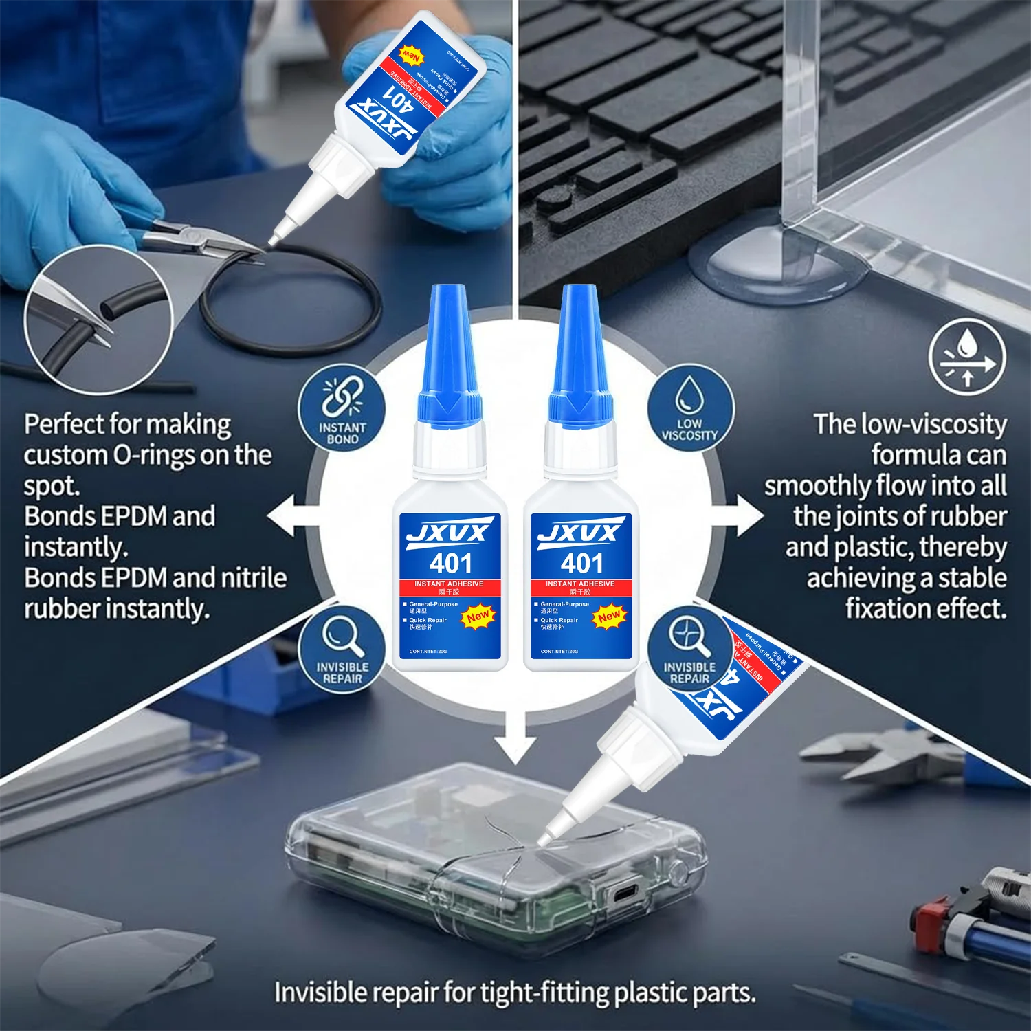 Brand-new 401 super glue super cyanoacrylate glue, instant drying in 5 seconds,Non-whitening Low odor Leather Rubber Wood Metal glass Strong Bond Liquid waterproof, stable and versatile bonding tool.1-6PCS