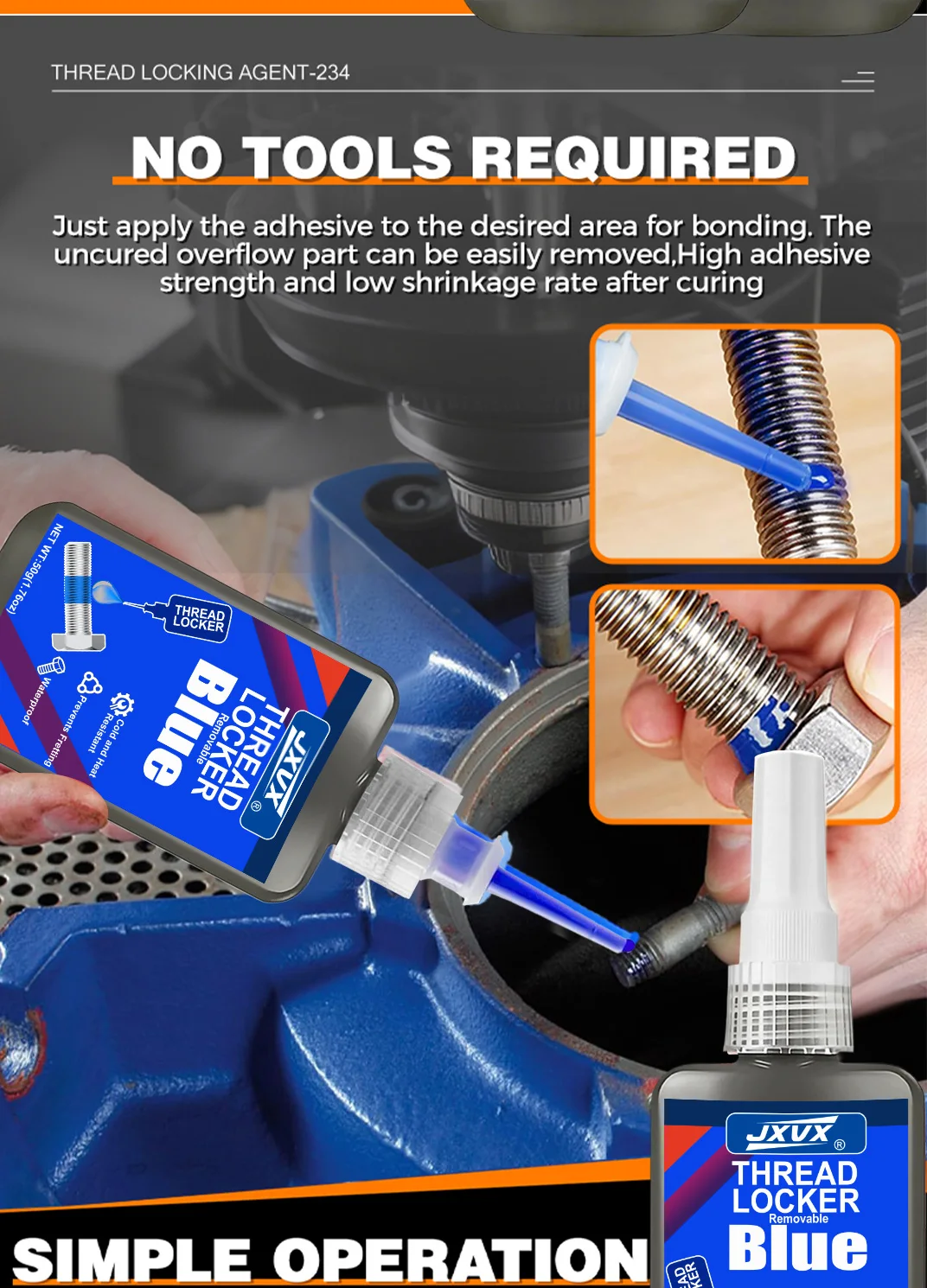 50g Threadlocker Anaerobic Glue Blue Medium Strength Automotive-grade LockerThread for Metal, Fasteners, Nuts, Bolts to Against Losening Lock Tight Seal Fasteners  Curing Metal Glue,Rustproof.