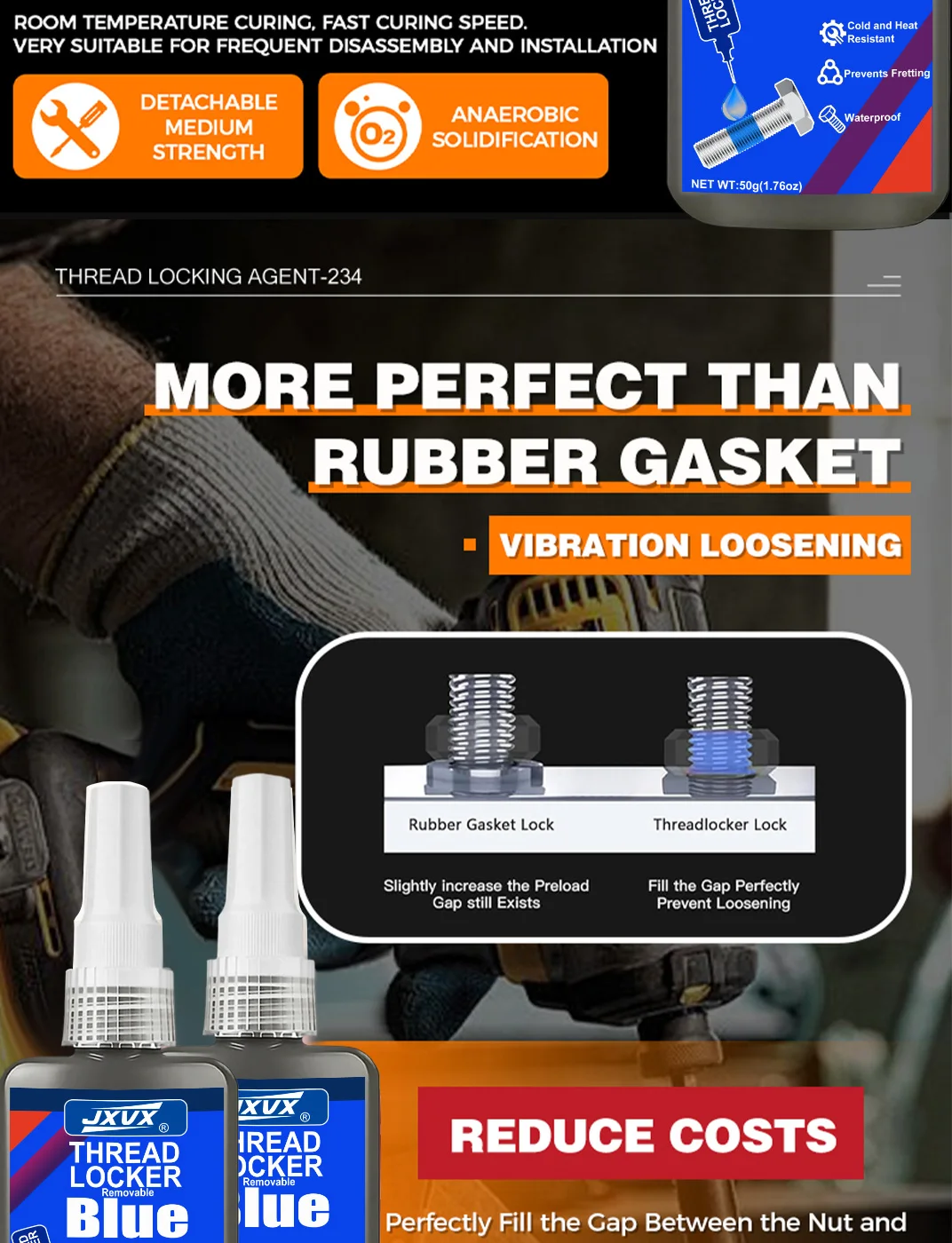 50g Threadlocker Anaerobic Glue Blue Medium Strength Automotive-grade LockerThread for Metal, Fasteners, Nuts, Bolts to Against Losening Lock Tight Seal Fasteners  Curing Metal Glue,Rustproof.