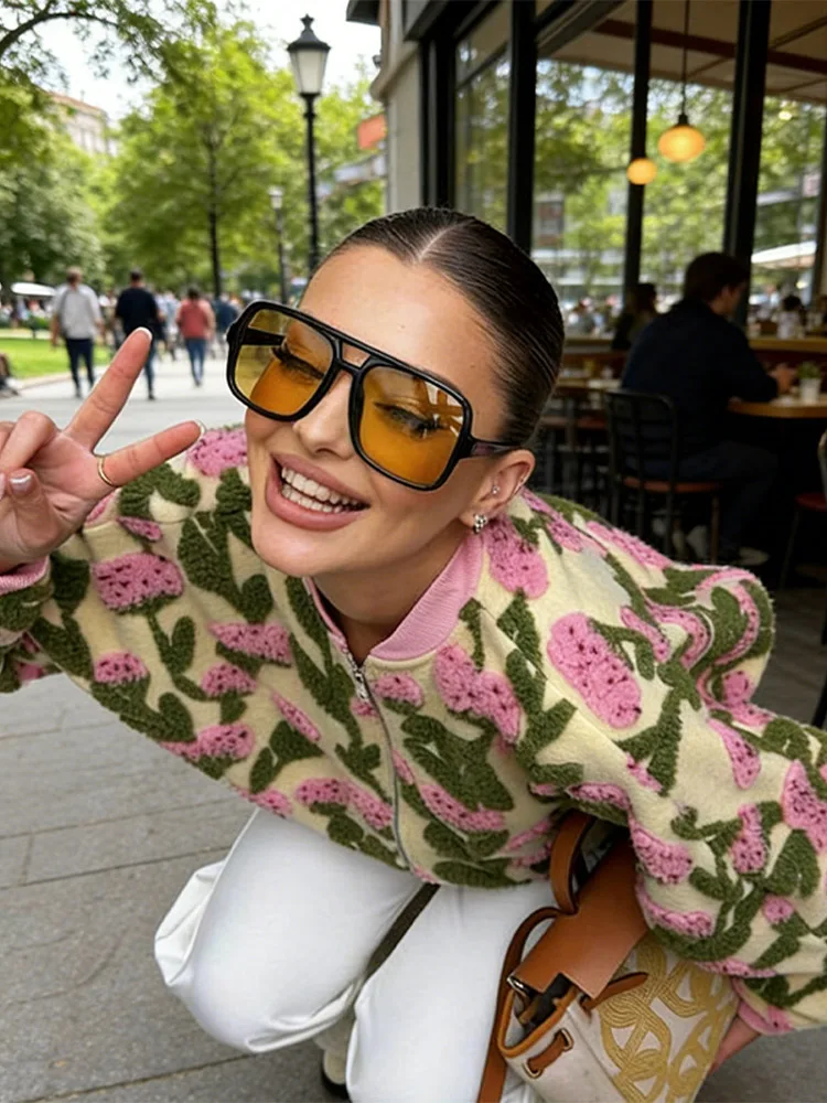 Cute Dreamy Flower Plush Jacket Chic Oversized Long Sleeves Zip Up Fleece Coat 2026 Casual High Street Women's Clothes