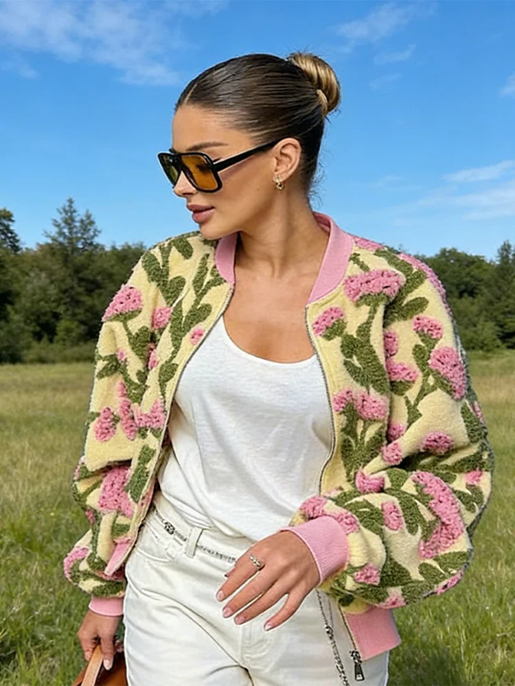 Cute Dreamy Flower Plush Jacket Chic Oversized Long Sleeves Zip Up Fleece Coat 2026 Casual High Street Women's Clothes