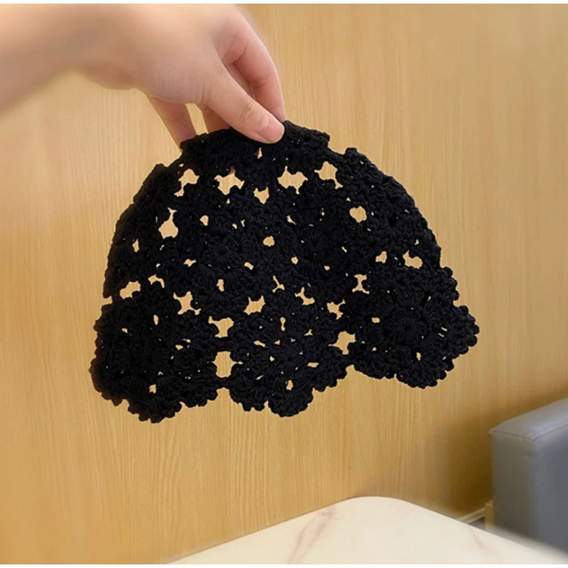 Korean Style Handmade Hook Flower Cap Spring And Summer Thin Hand-knitted Hat Female Hollow Crocheted Wool Hat Sweet Beanie Hat