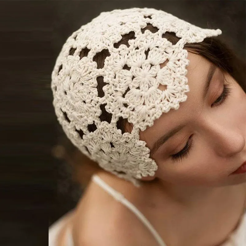 Korean Style Handmade Hook Flower Cap Spring And Summer Thin Hand-knitted Hat Female Hollow Crocheted Wool Hat Sweet Beanie Hat