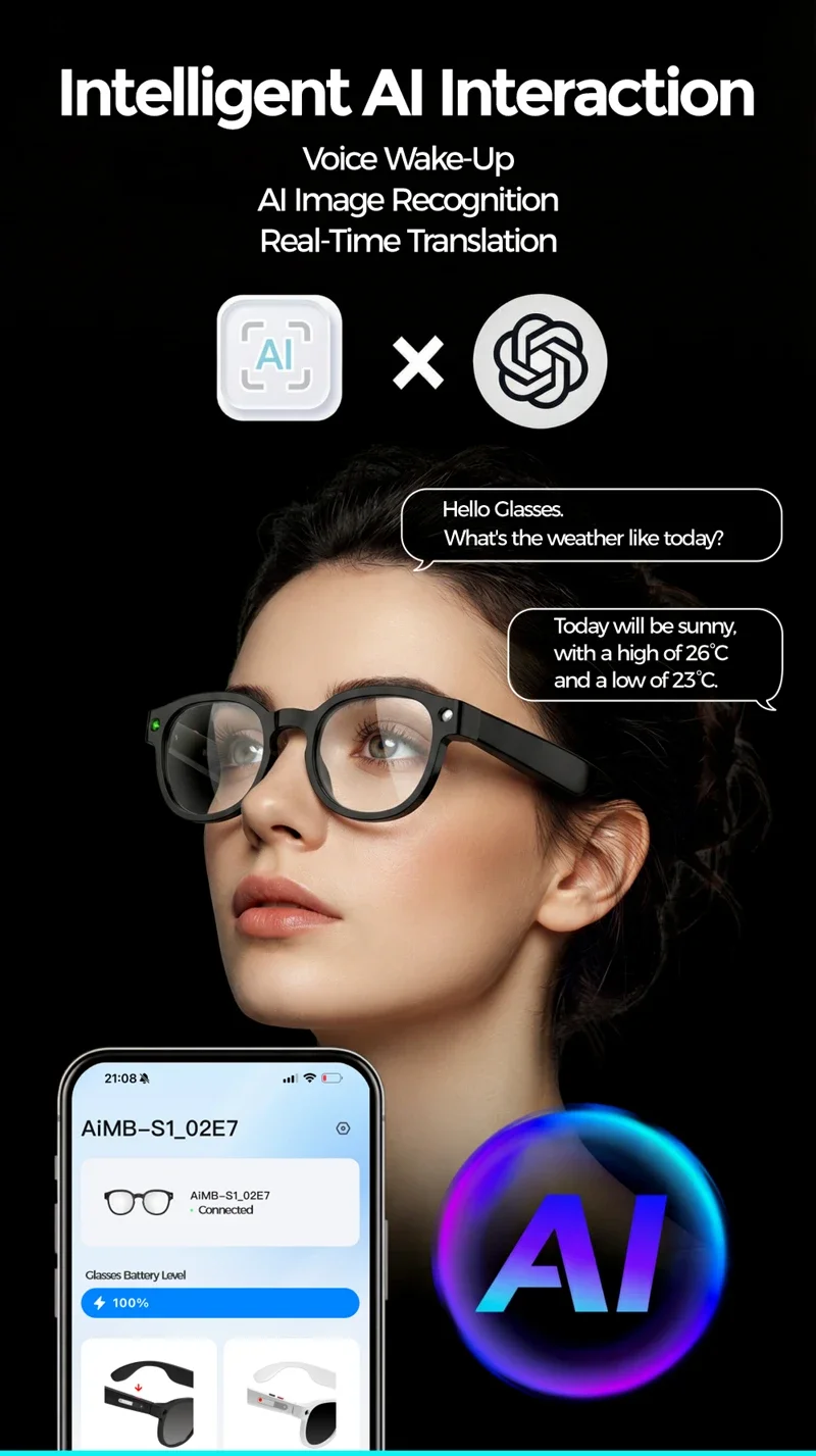 AI Smart Glasses Translation 800W Camera HD Photo Video Voice Call Waterproof Bluetooth Listening To Music Motorcycle Glasses