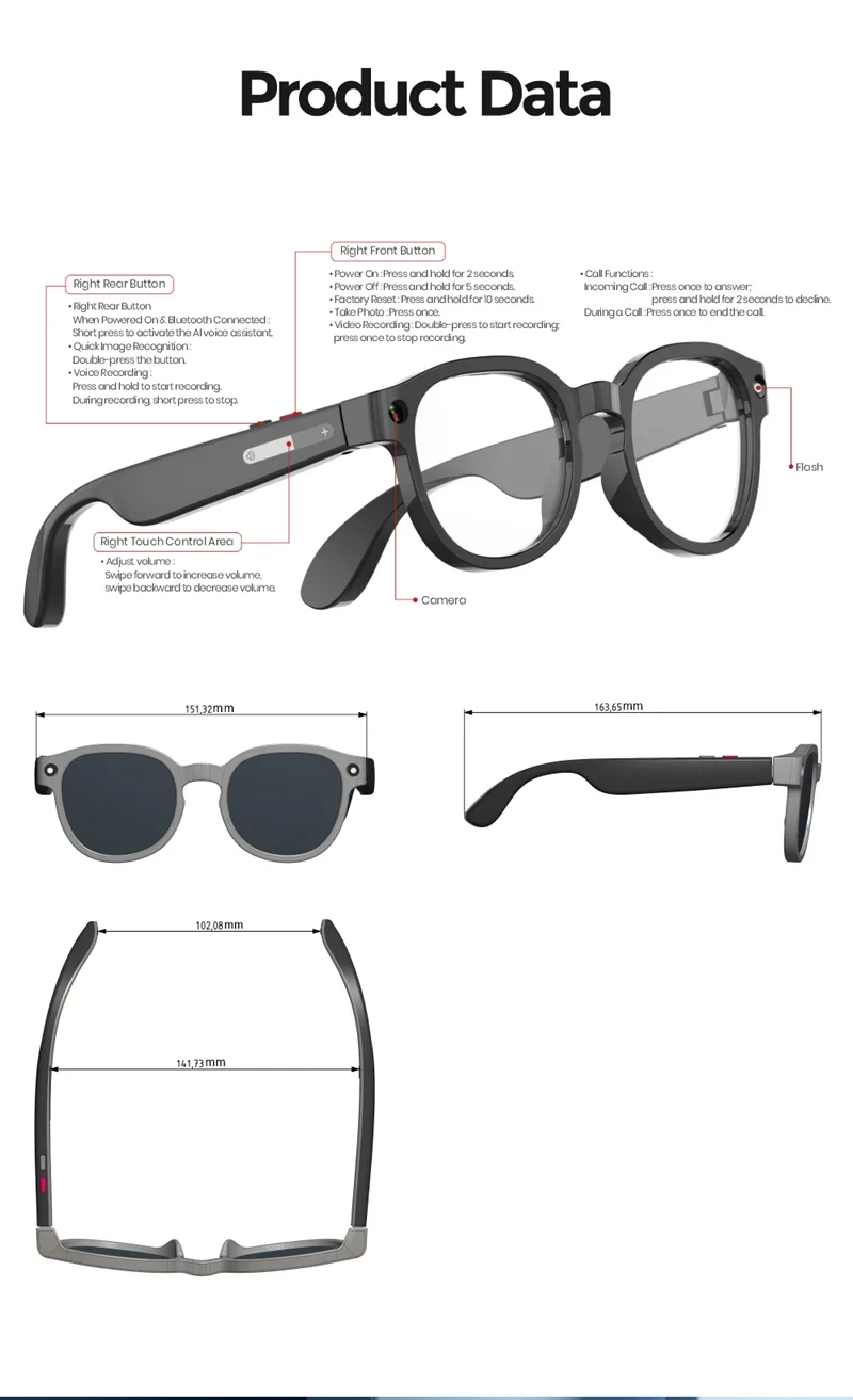 AI Smart Glasses Translation 800W Camera HD Photo Video Voice Call Waterproof Bluetooth Listening To Music Motorcycle Glasses
