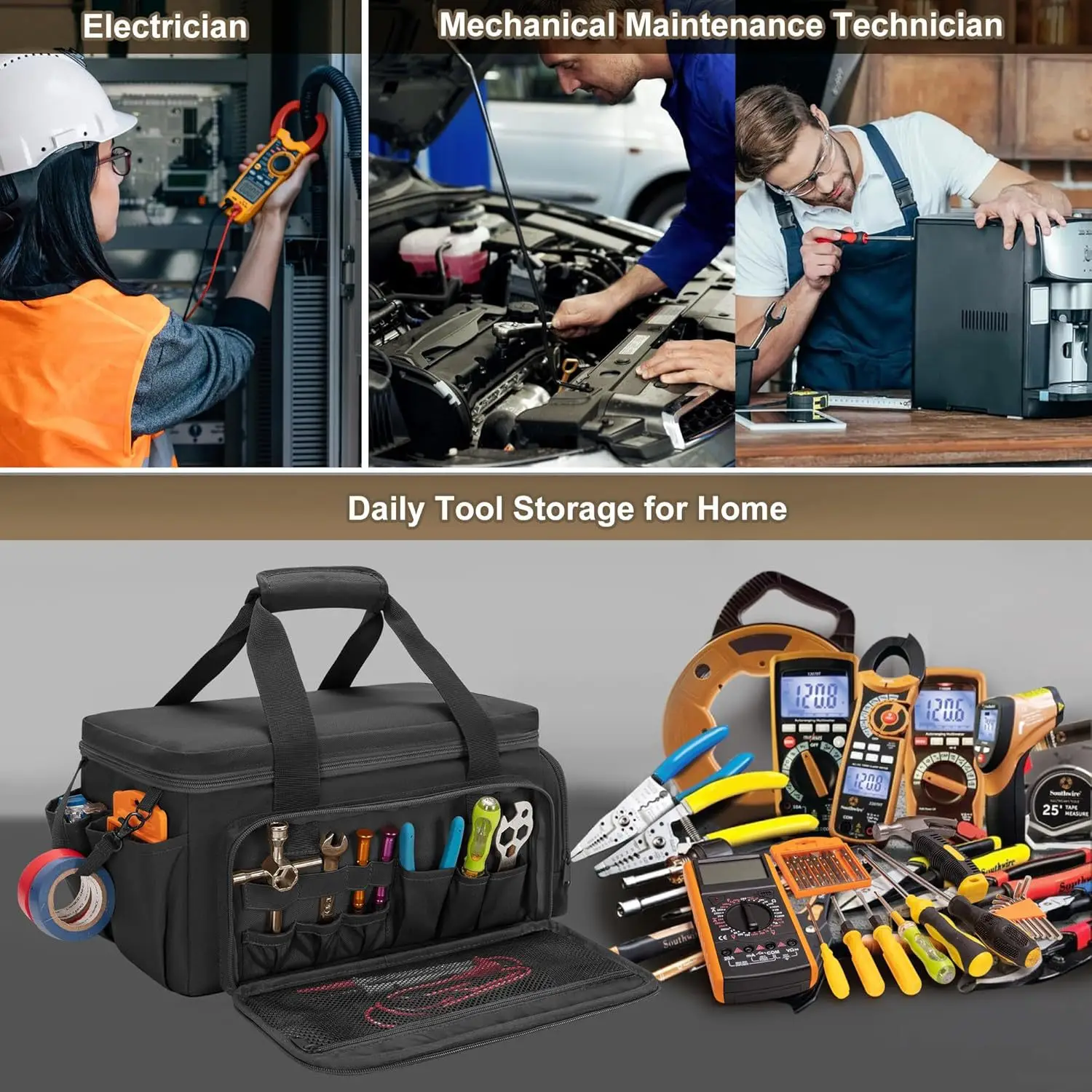 14" Heavy Duty Tool Bag, Quick Tool Access with Wide Opening Zip Design, Multiple Internal and External Pockets with Carry Handl