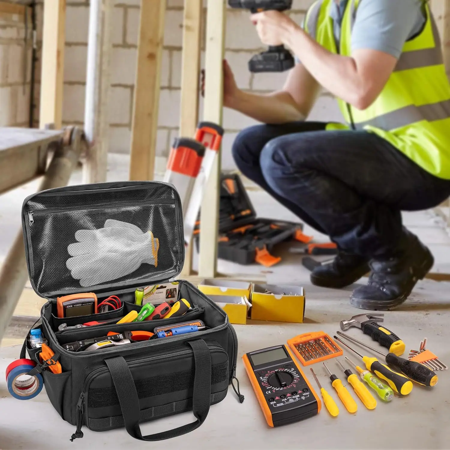 14" Heavy Duty Tool Bag, Quick Tool Access with Wide Opening Zip Design, Multiple Internal and External Pockets with Carry Handl