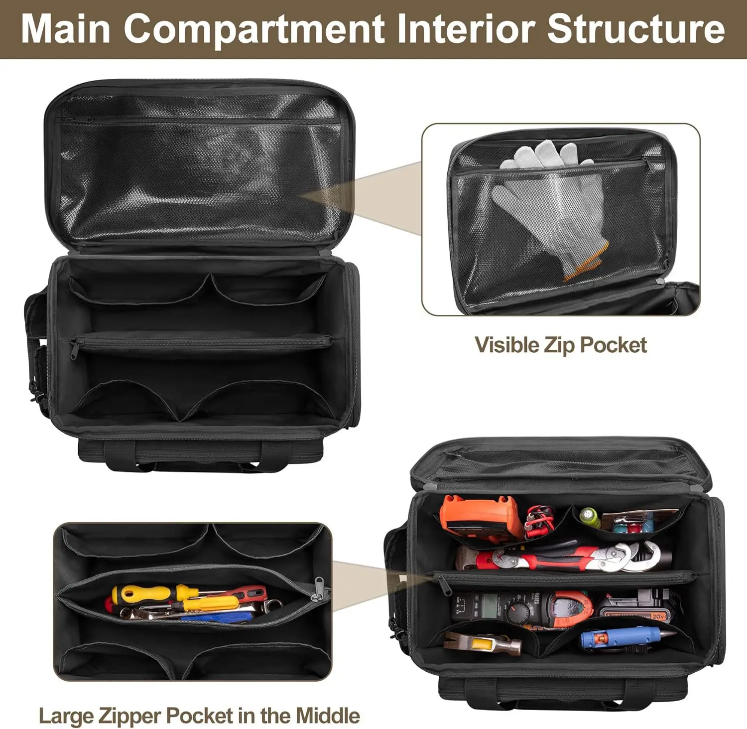 14" Heavy Duty Tool Bag, Quick Tool Access with Wide Opening Zip Design, Multiple Internal and External Pockets with Carry Handl