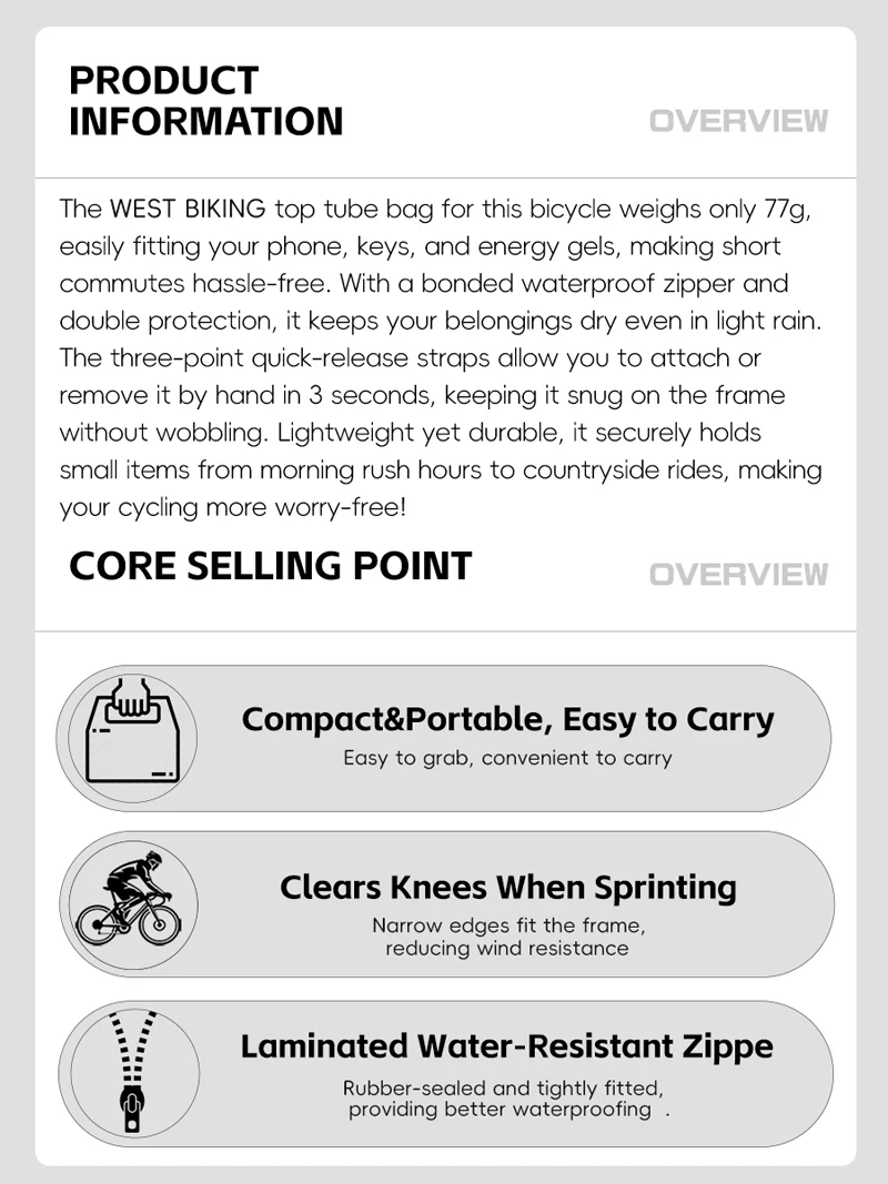WEST BIKING Bike Top Tube Bag 0.9L Portable Wear Resistant Bicycle Frame Bag 3-Point Strap Stable Cycling Bag Bike Accessories