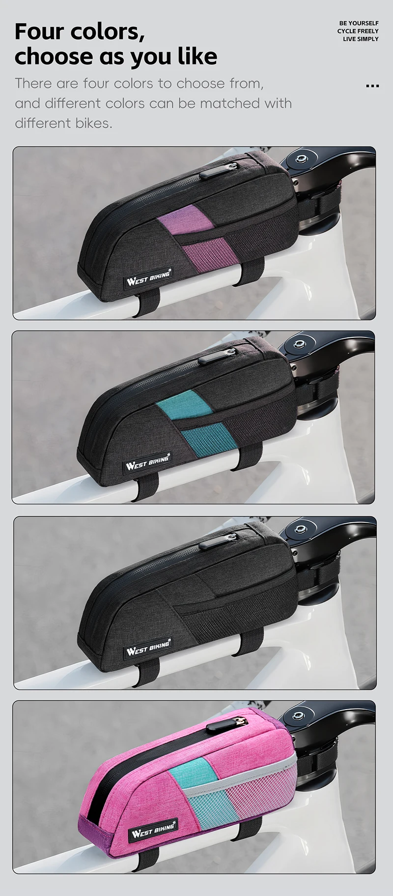 WEST BIKING Bike Top Tube Bag 0.9L Portable Wear Resistant Bicycle Frame Bag 3-Point Strap Stable Cycling Bag Bike Accessories