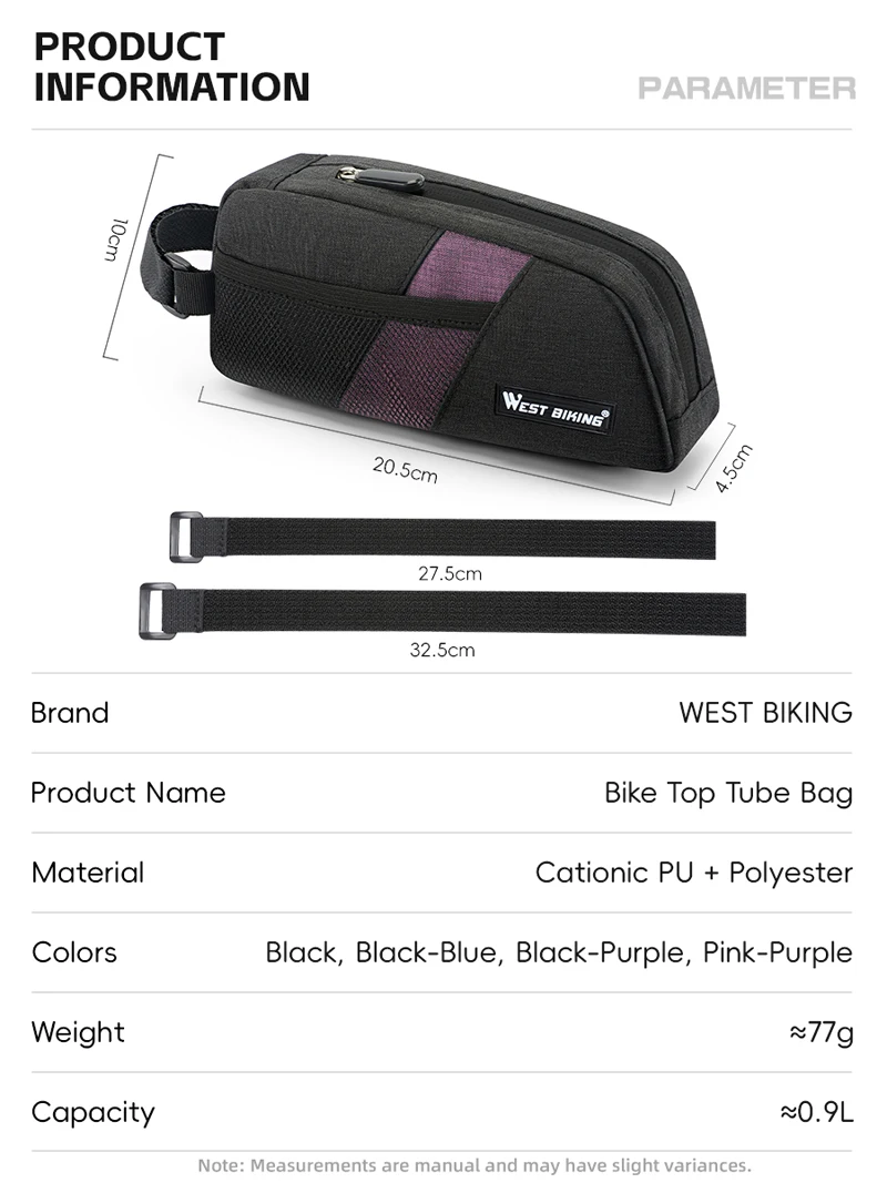 WEST BIKING Bike Top Tube Bag 0.9L Portable Wear Resistant Bicycle Frame Bag 3-Point Strap Stable Cycling Bag Bike Accessories