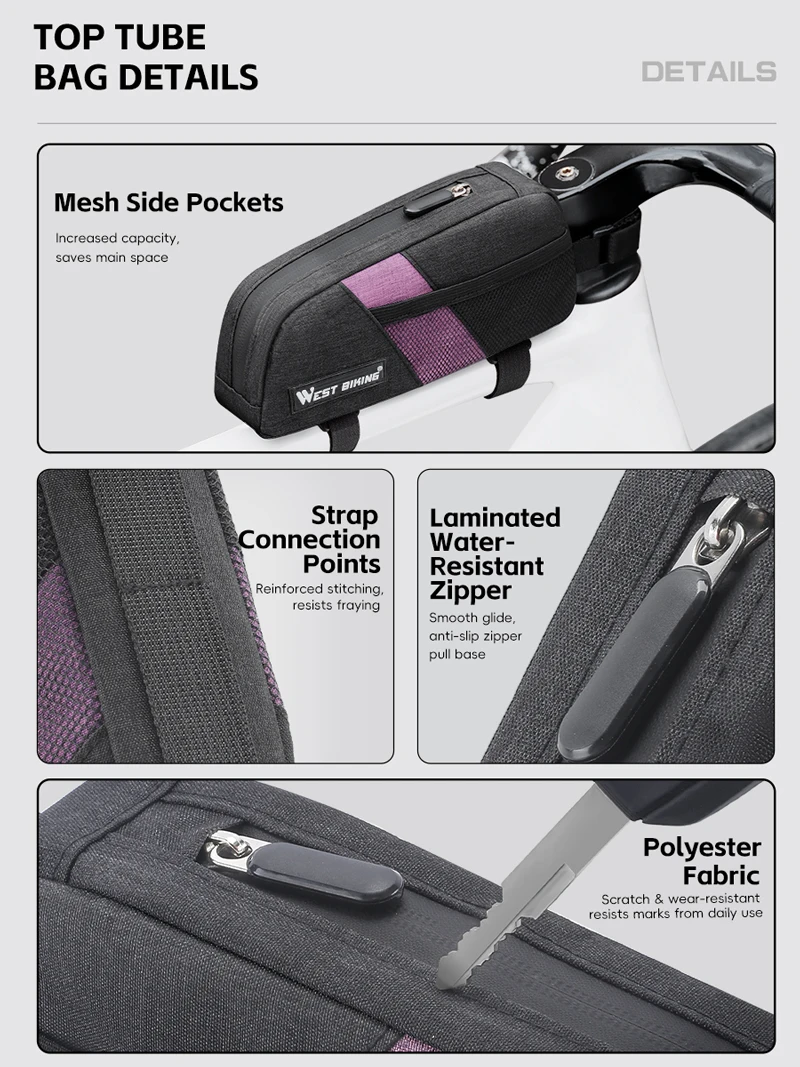 WEST BIKING Bike Top Tube Bag 0.9L Portable Wear Resistant Bicycle Frame Bag 3-Point Strap Stable Cycling Bag Bike Accessories