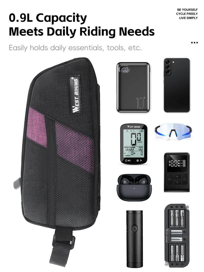 WEST BIKING Bike Top Tube Bag 0.9L Portable Wear Resistant Bicycle Frame Bag 3-Point Strap Stable Cycling Bag Bike Accessories