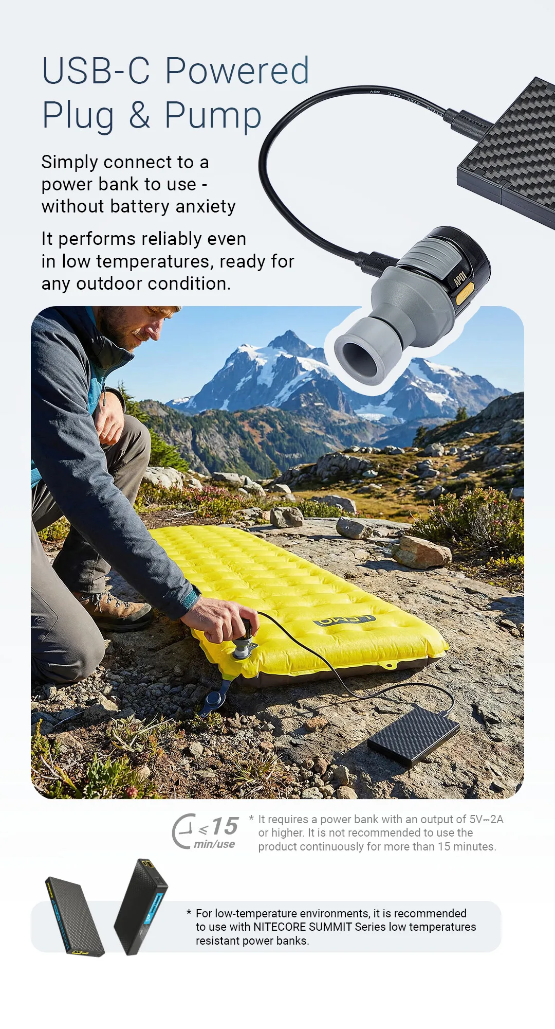 NITECORE AP01 Portable Air Pump 22g 2.8 kPa USB-C Inflation Deflation for Air Bed Pillows Swimming Ring Camping Flame Booster