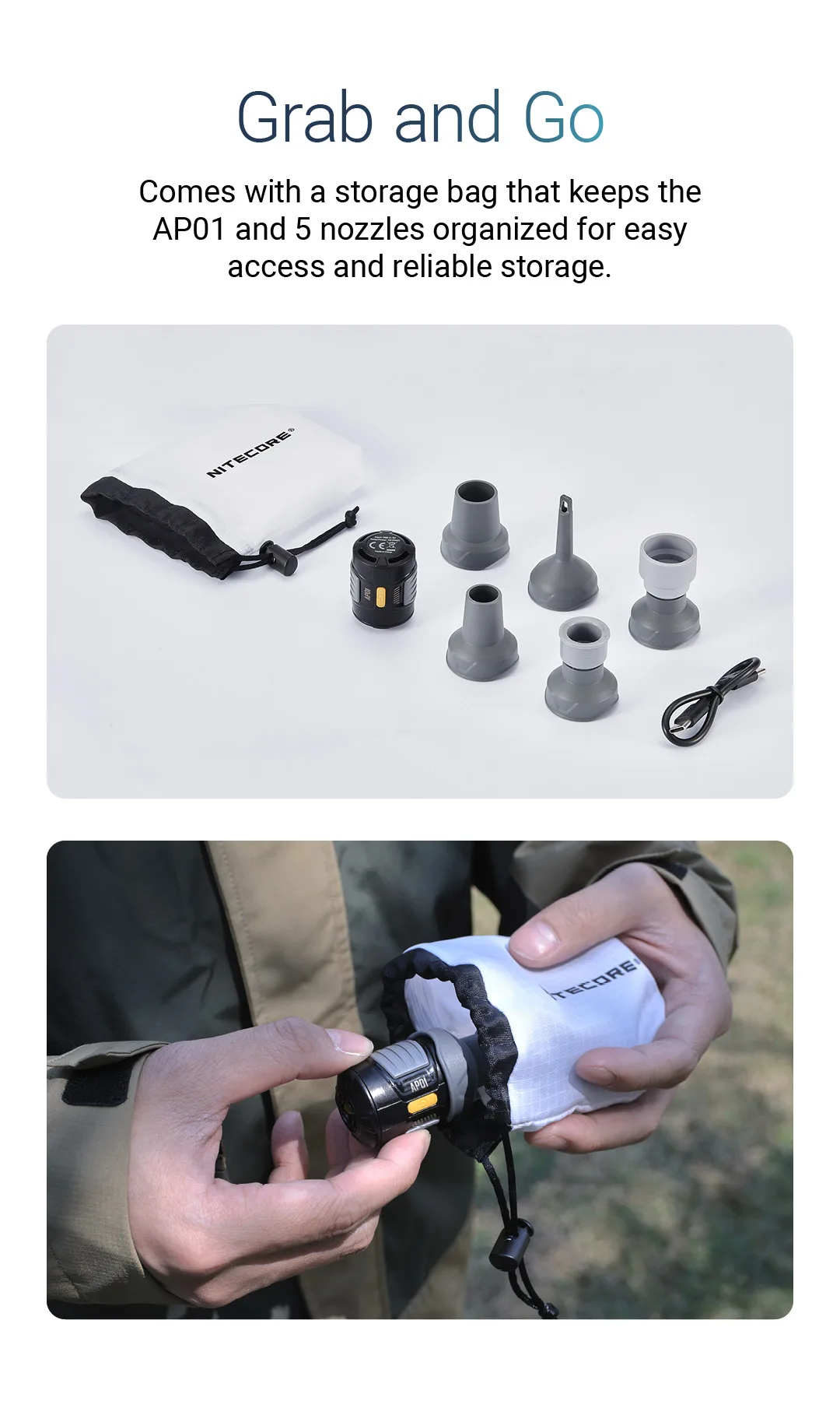 NITECORE AP01 Portable Air Pump 22g 2.8 kPa USB-C Inflation Deflation for Air Bed Pillows Swimming Ring Camping Flame Booster