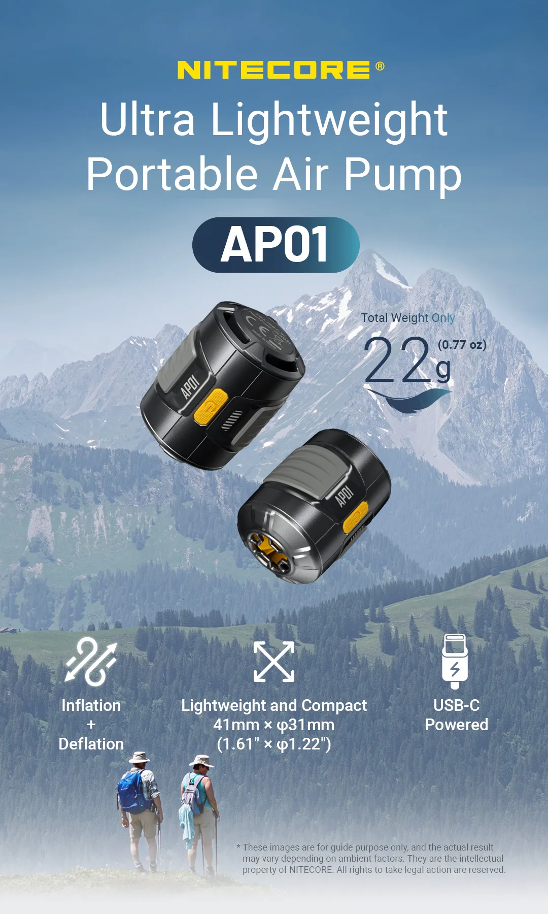 NITECORE AP01 Portable Air Pump 22g 2.8 kPa USB-C Inflation Deflation for Air Bed Pillows Swimming Ring Camping Flame Booster