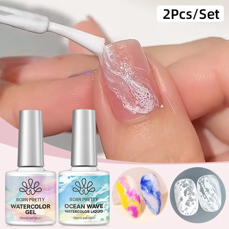 BORN PRETTY 1/2Pcs Ocean Wave Watercolor Liquid Gel Nail Polish Set White Watercolor 3 Seconds Spread Gradient Summer Nails