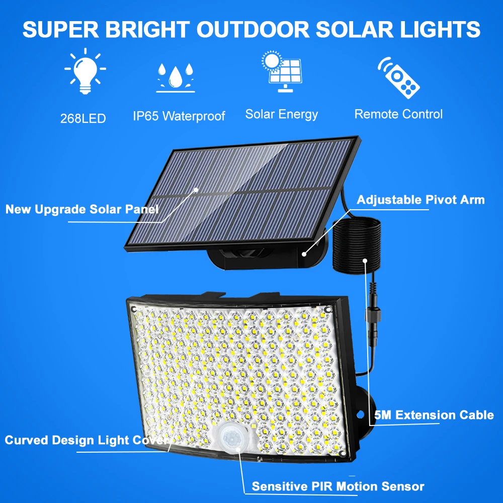 Solar Lights Outdoor with Motion Sensor 234/268LED Solar Flood Lights Waterproof Solar Powered Security Spot Lights Porch Patio