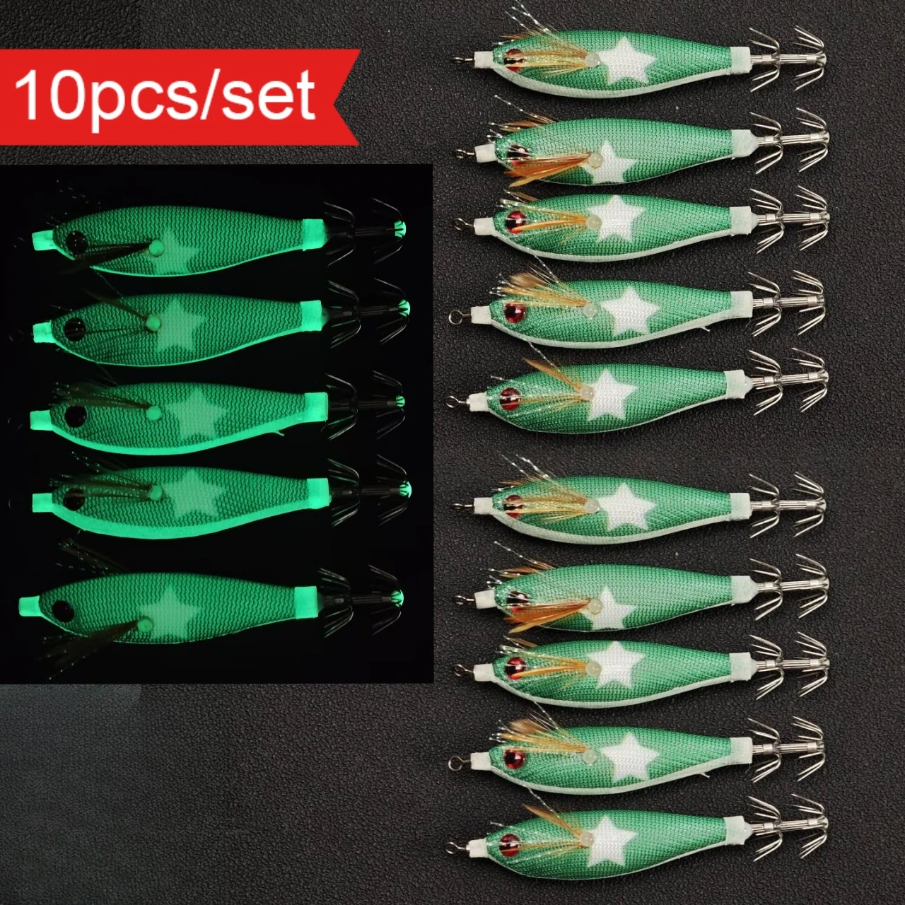10pcs Horizontal Squid Jig Egi Set 8cm Luminous Glow in The Dark Wood Shrimp Lure UV Reactive Saltwater Cuttlefish Octopus Bait