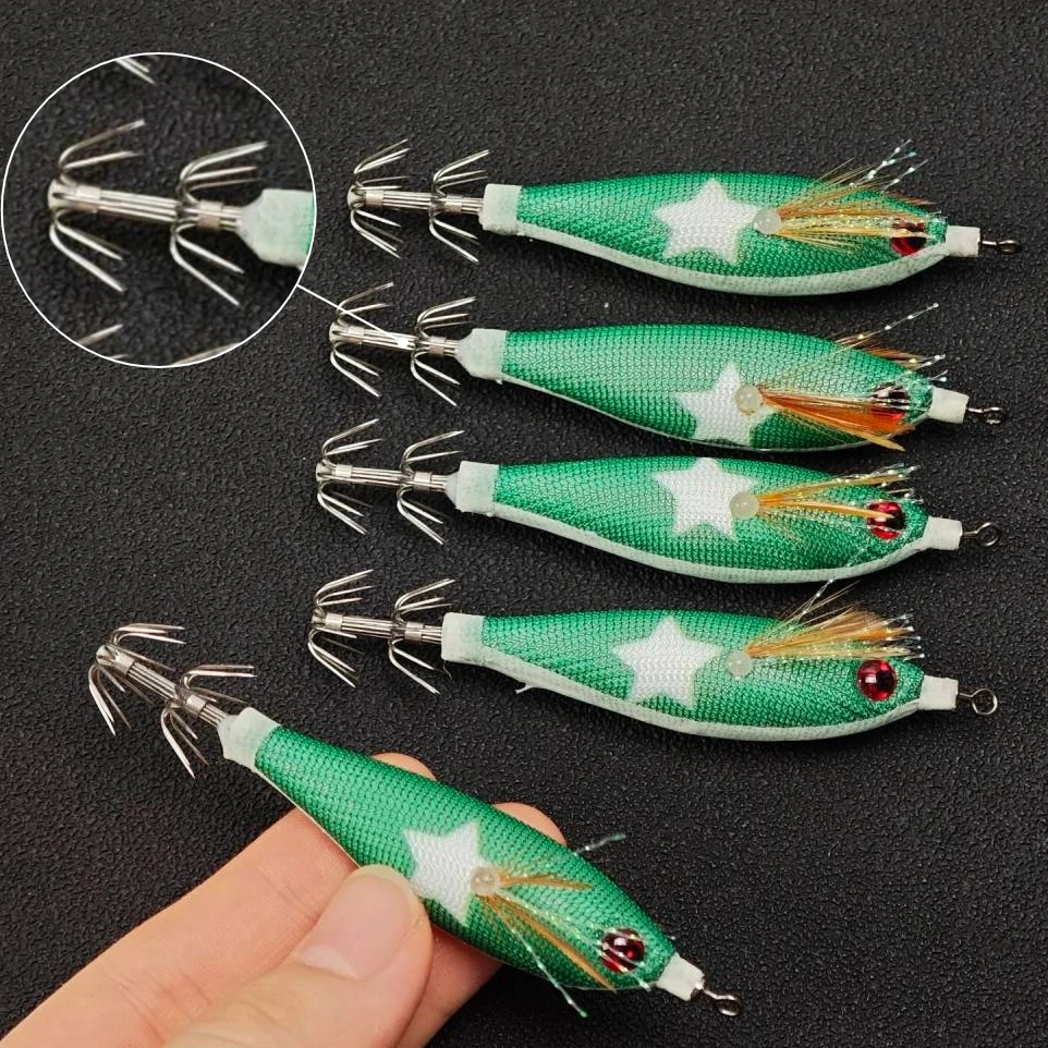 10pcs Horizontal Squid Jig Egi Set 8cm Luminous Glow in The Dark Wood Shrimp Lure UV Reactive Saltwater Cuttlefish Octopus Bait