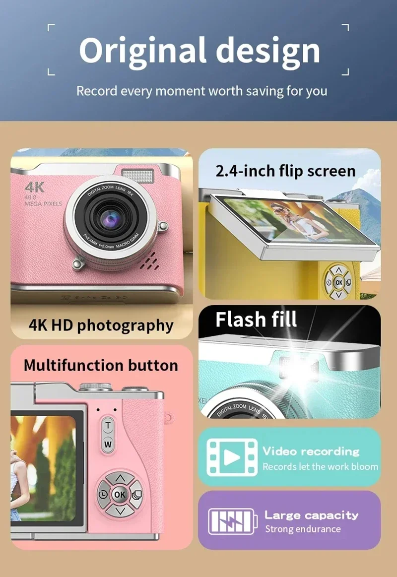 Lenovo 8X Digital Zoom Student Digital Camera 48MP Portable Digital Photography Camera 180° Flip Screen Selfie Camera Gifts