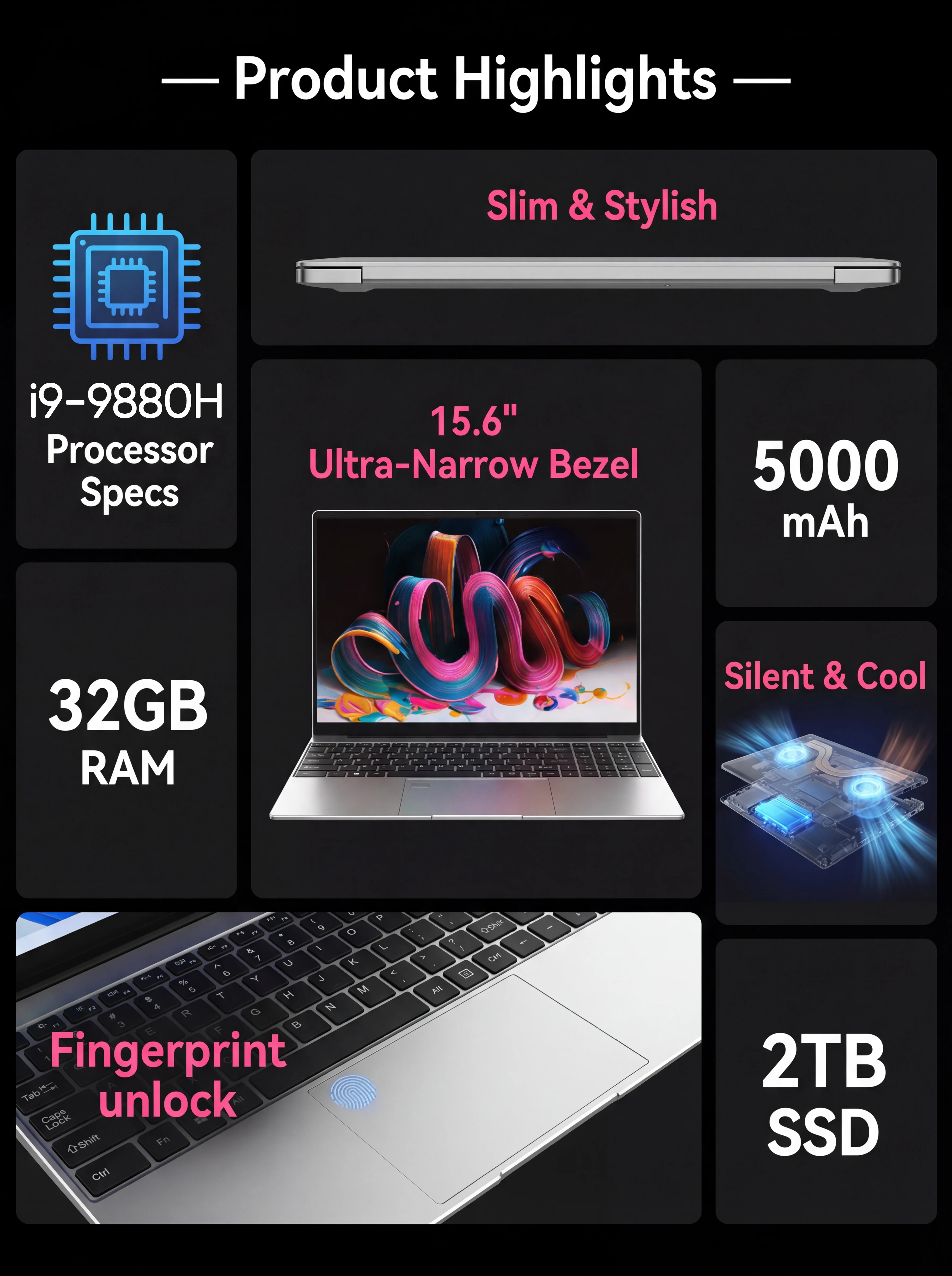 2026 New Core I9 9880H Windows 11 Pro Laptop 32GB RAM 2TB SSD for Gaming Office Studio High-Speed Notebook 5000mAh