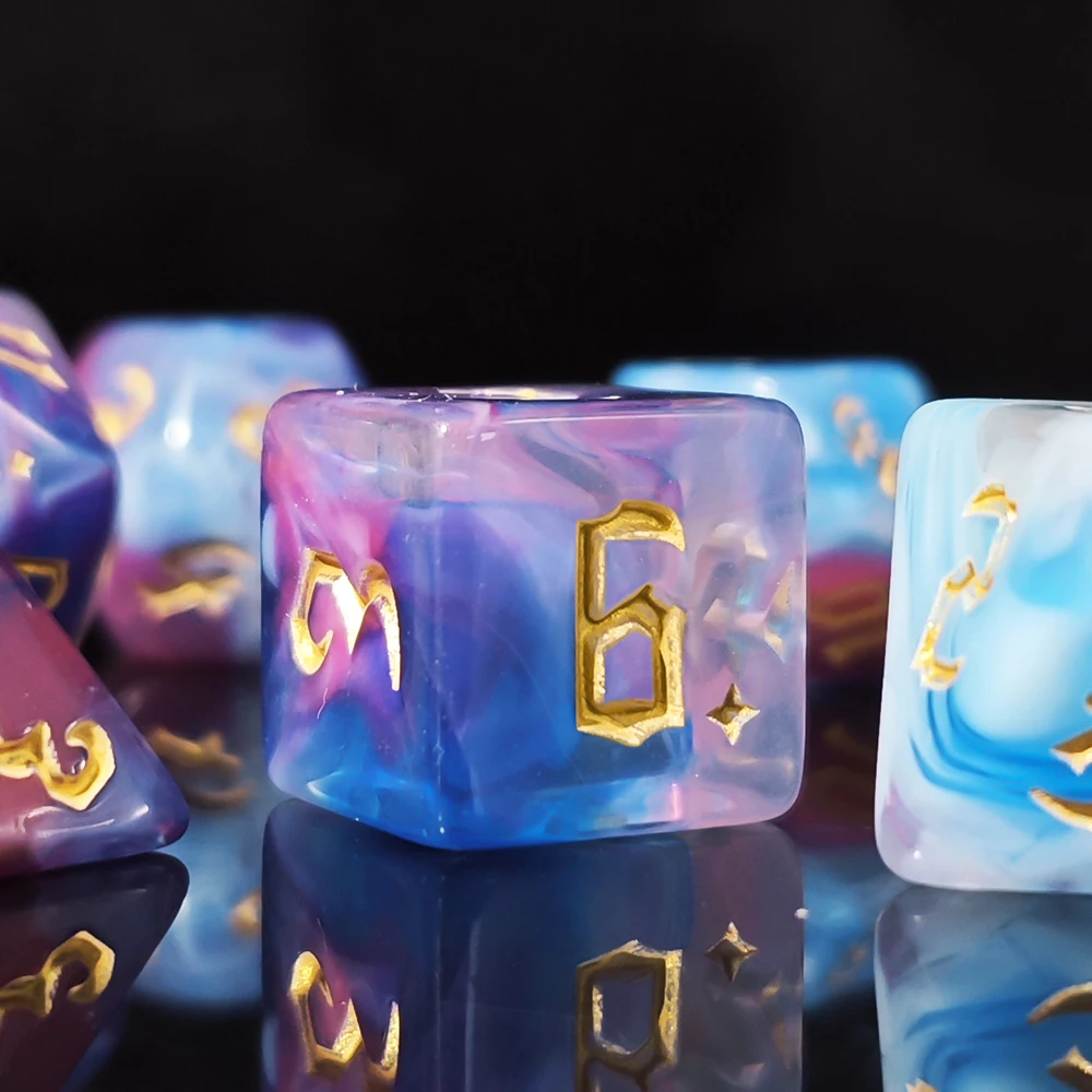 Nebula Swirl Polyhedral Dice Set – Gold-Inked TTRPG Dice Ethereal Swirl Dice: 7-Piece Set for Pathfinder & RPGs Polyhedral Dice