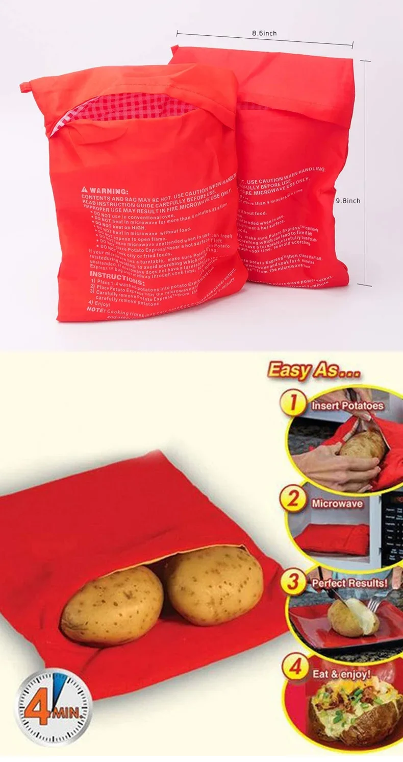 Red Reusable Microwave Potato Bag Express Quick Baking Cooker Bag Perfect for Baking Potatoes and Vegetables in 4 Minutes