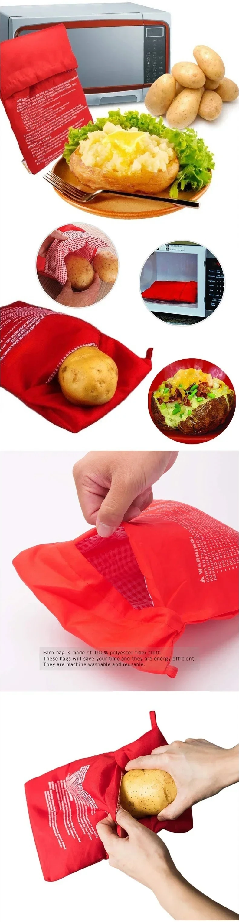 Red Reusable Microwave Potato Bag Express Quick Baking Cooker Bag Perfect for Baking Potatoes and Vegetables in 4 Minutes