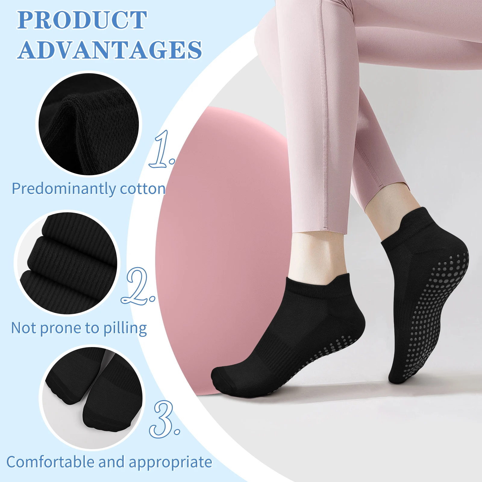 3 Pairs Yoga Socks Women Cotton Short Mesh Breathable Professional Non-slip Floor Pilates Dance Sports Gym Socks