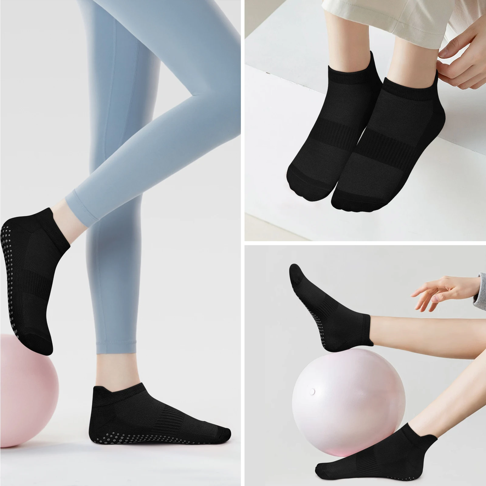 3 Pairs Yoga Socks Women Cotton Short Mesh Breathable Professional Non-slip Floor Pilates Dance Sports Gym Socks
