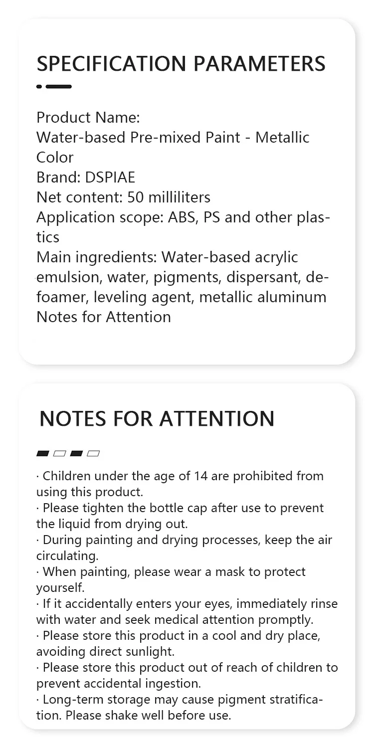 DSPIAE XSM Model Hobby DIY Airbrush Paint Set 50ML Metallic Water-Based Pigments Pre-Mixed for Assembly Spraying Model DIY