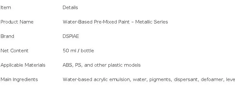 DSPIAE XSM Model Hobby DIY Airbrush Paint Set 50ML Metallic Water-Based Pigments Pre-Mixed for Assembly Spraying Model DIY
