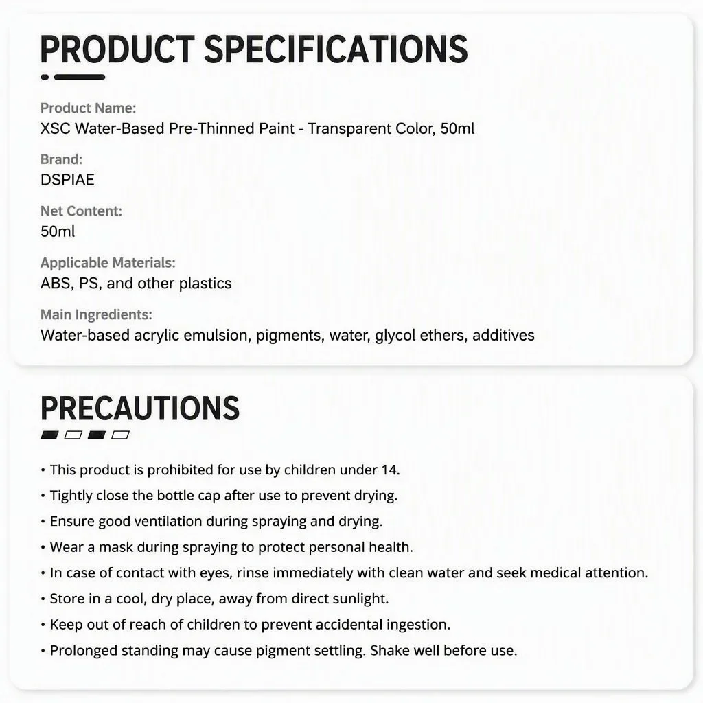 DSPIAE XSM Model Hobby DIY Airbrush Paint Set 50ML Metallic Water-Based Pigments Pre-Mixed for Assembly Spraying Model DIY