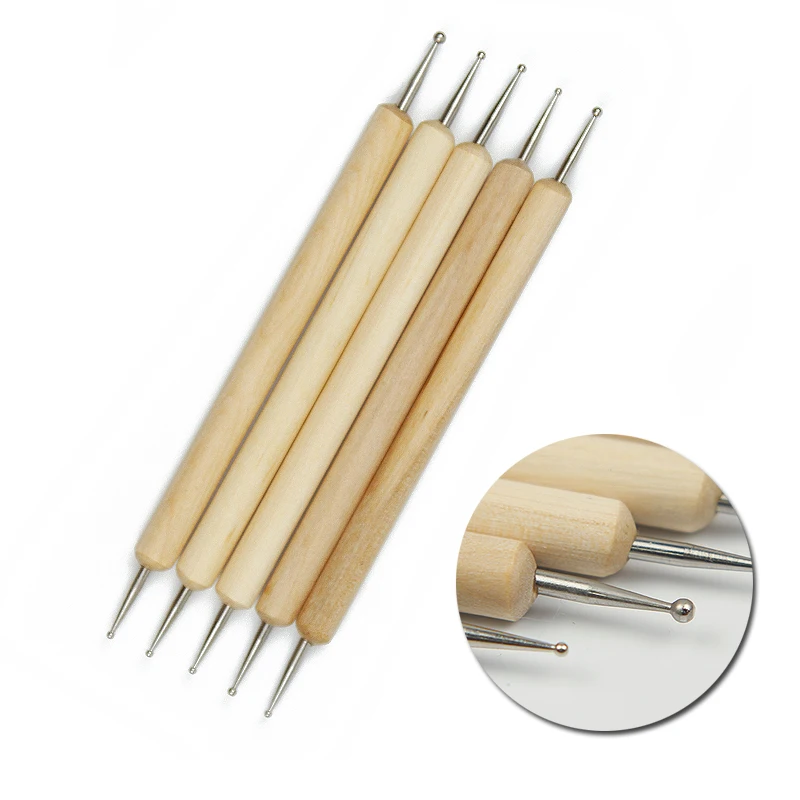 5Pcs Dual-End Wooden Dotting Pen Marbleizing Tool Set for Nail Design Manicure Painting Kit
