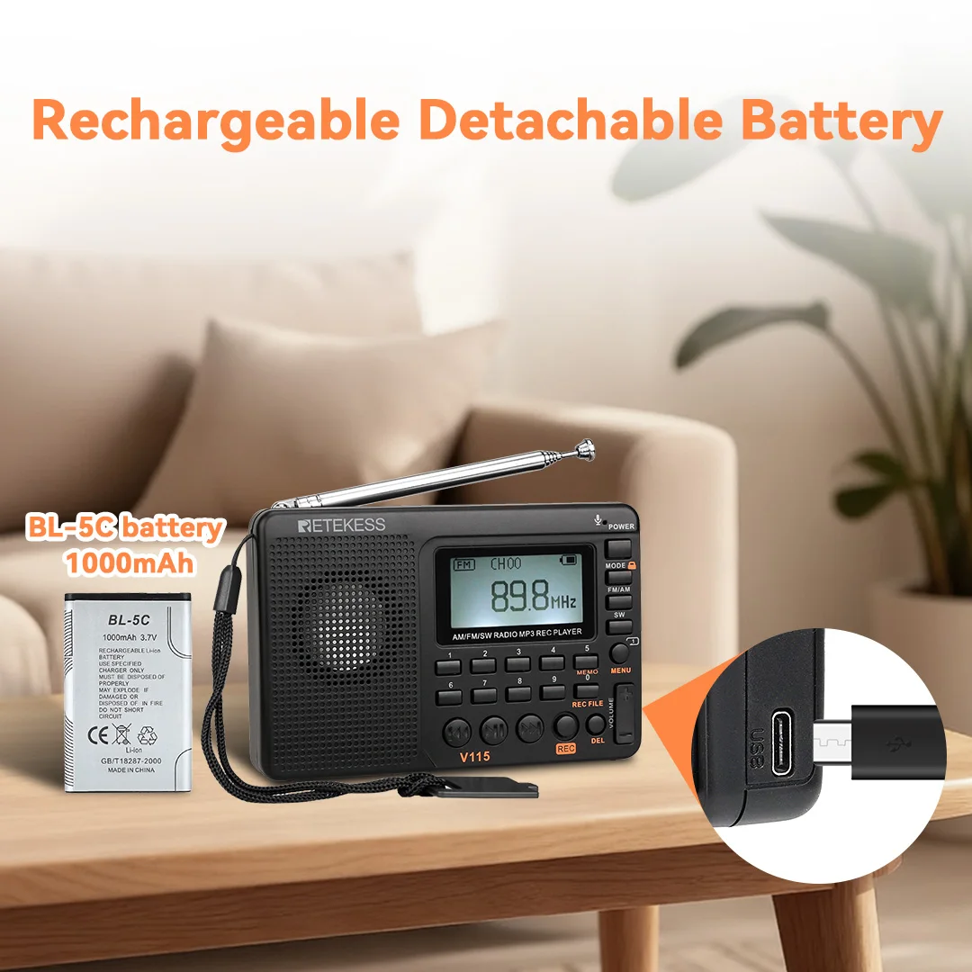 RETEKESS V115 Portable Radio Rechargeable AM FM SW Radio Multifunctional Radio Long Distance Receiver Clear Sound for Camp Gift