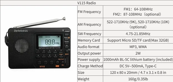 RETEKESS V115 Portable Radio Rechargeable AM FM SW Radio Multifunctional Radio Long Distance Receiver Clear Sound for Camp Gift