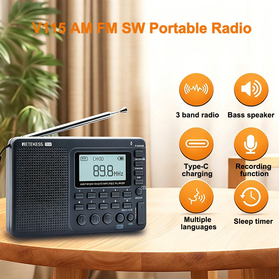 RETEKESS V115 Portable Radio Rechargeable AM FM SW Radio Multifunctional Radio Long Distance Receiver Clear Sound for Camp Gift