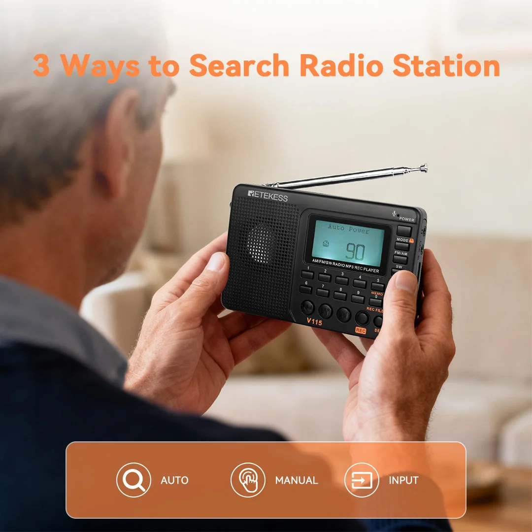 RETEKESS V115 Portable Radio Rechargeable AM FM SW Radio Multifunctional Radio Long Distance Receiver Clear Sound for Camp Gift