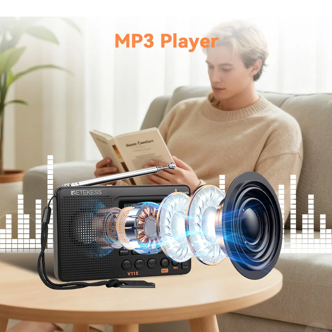 RETEKESS V115 Portable Radio Rechargeable AM FM SW Radio Multifunctional Radio Long Distance Receiver Clear Sound for Camp Gift