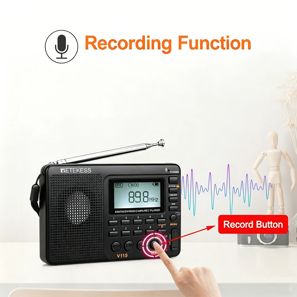 RETEKESS V115 Portable Radio Rechargeable AM FM SW Radio Multifunctional Radio Long Distance Receiver Clear Sound for Camp Gift