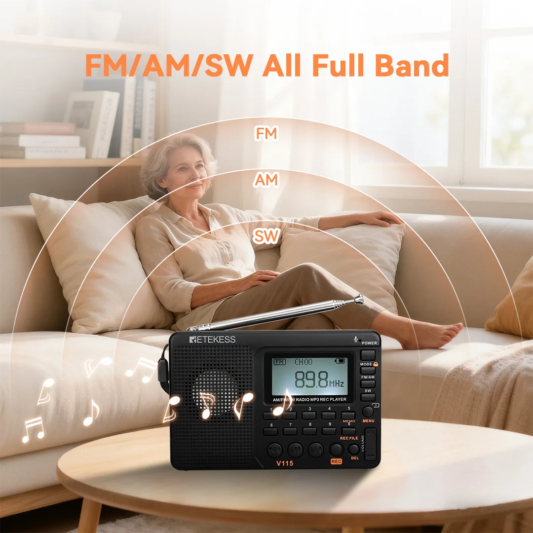 RETEKESS V115 Portable Radio Rechargeable AM FM SW Radio Multifunctional Radio Long Distance Receiver Clear Sound for Camp Gift