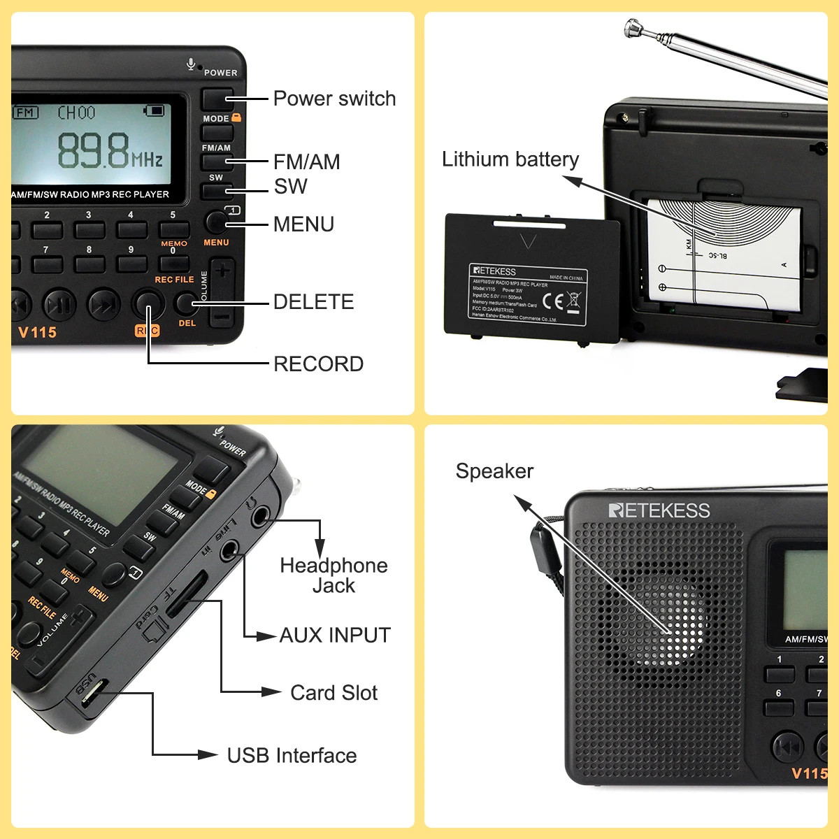 RETEKESS V115 Portable Radio Rechargeable AM FM SW Radio Multifunctional Radio Long Distance Receiver Clear Sound for Camp Gift